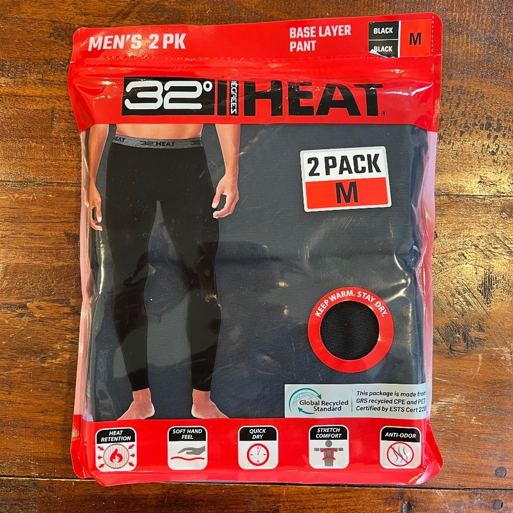New 2-Pack Men's 32 Degrees Heat Black Base Layer Thermal Pants M